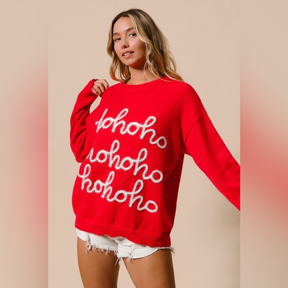 NEW ARRIVAL:  BIBI SLIGHTLY TILTED TINSEL HO HO HO LETTERING CHRISTMAS SWEATER - Picture 5 of 6